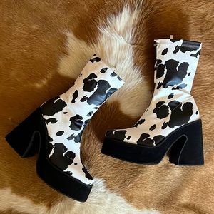 Cow Print Chunky Platform Sock Boots Black & White